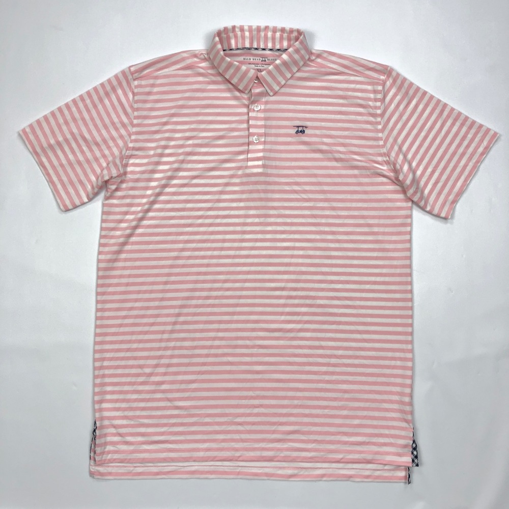Bald Head Blues Mens XL Pink White Striped Performance Golf Polo Shirt Logo